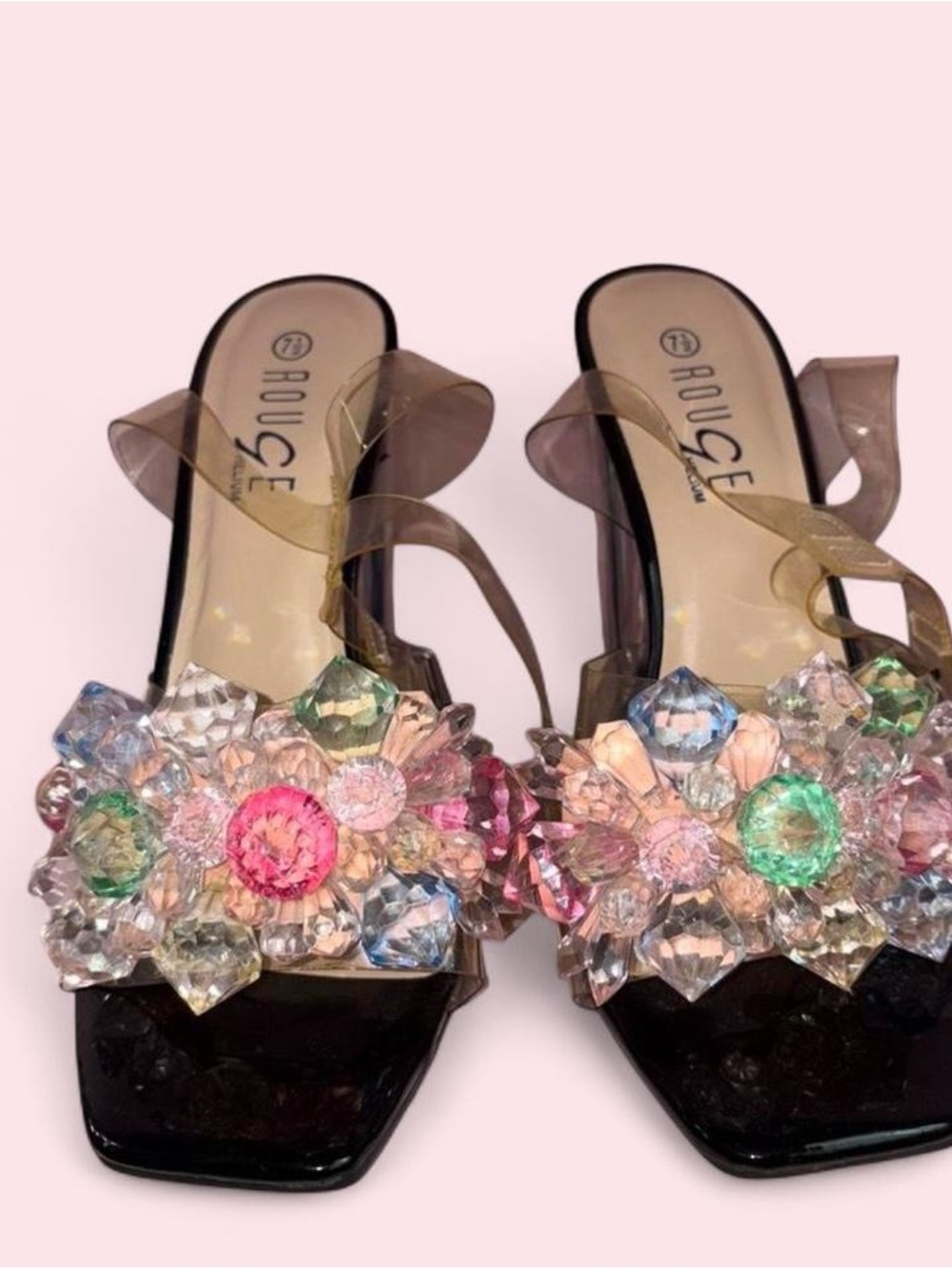Rouge Helium Black Slide Sandals with Multicolor Gem Cluster - Picture 2 of 2